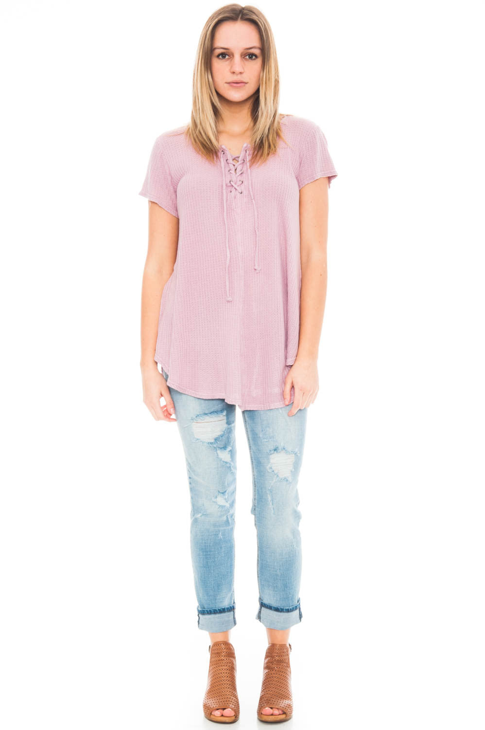 Shirt - Lace Up Waffle Knit Tee with a Keyhole Back by Paper Crane