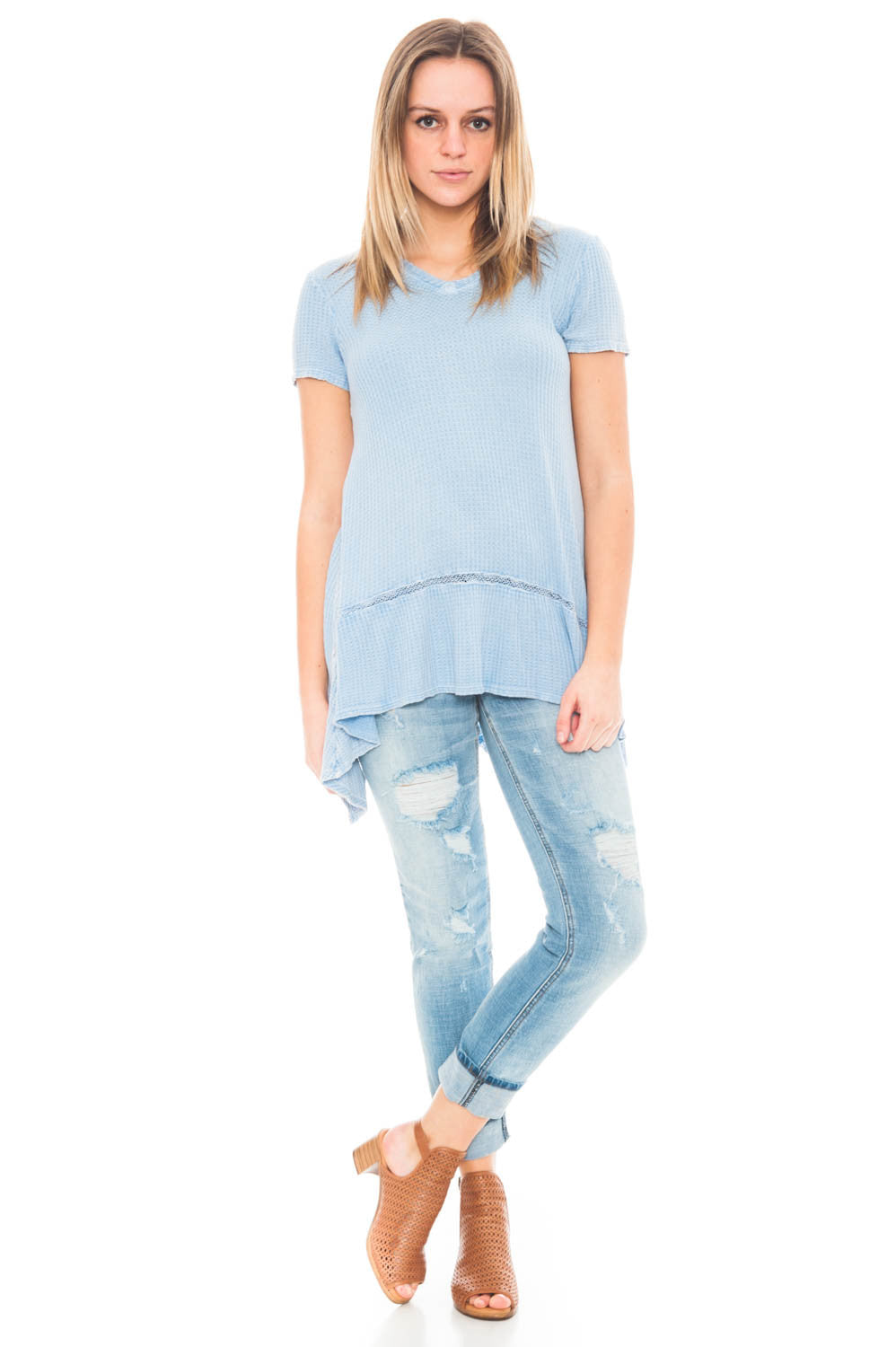 Shirt - Waffle Knit Tee with Crochet Detail by Paper Crane
