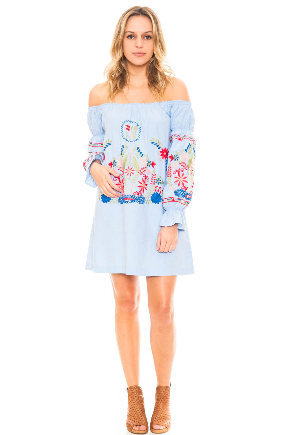 Dress - Off Shoulder Embroidered Dress with a Puffed Sleeve