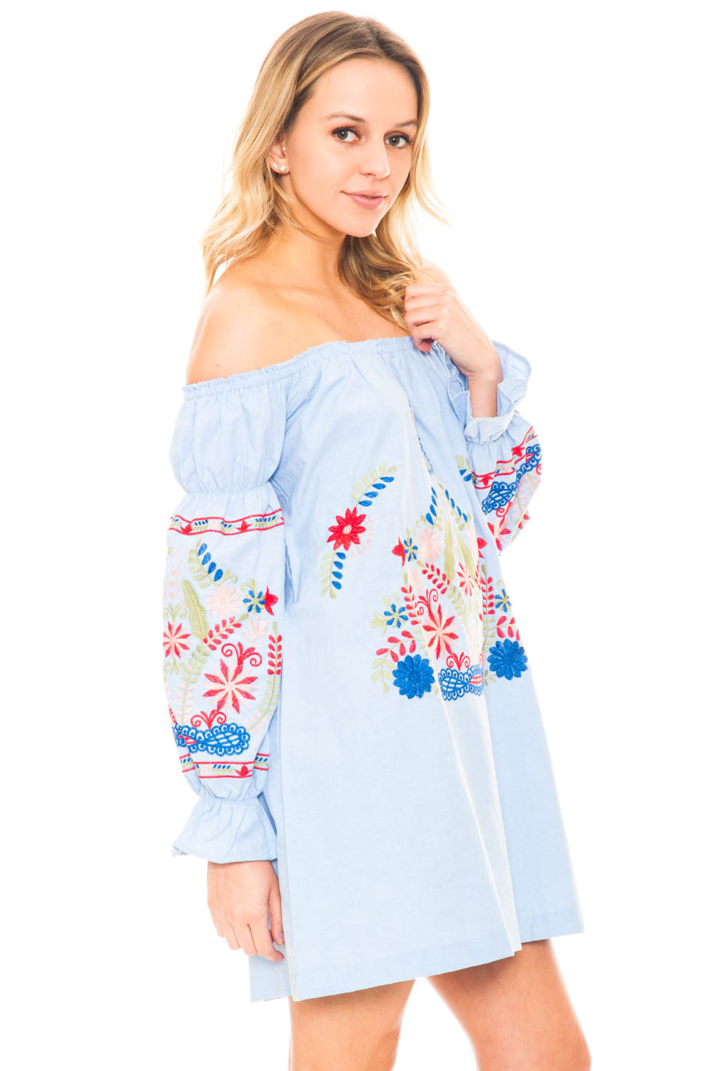 Dress - Off Shoulder Embroidered Dress with a Puffed Sleeve