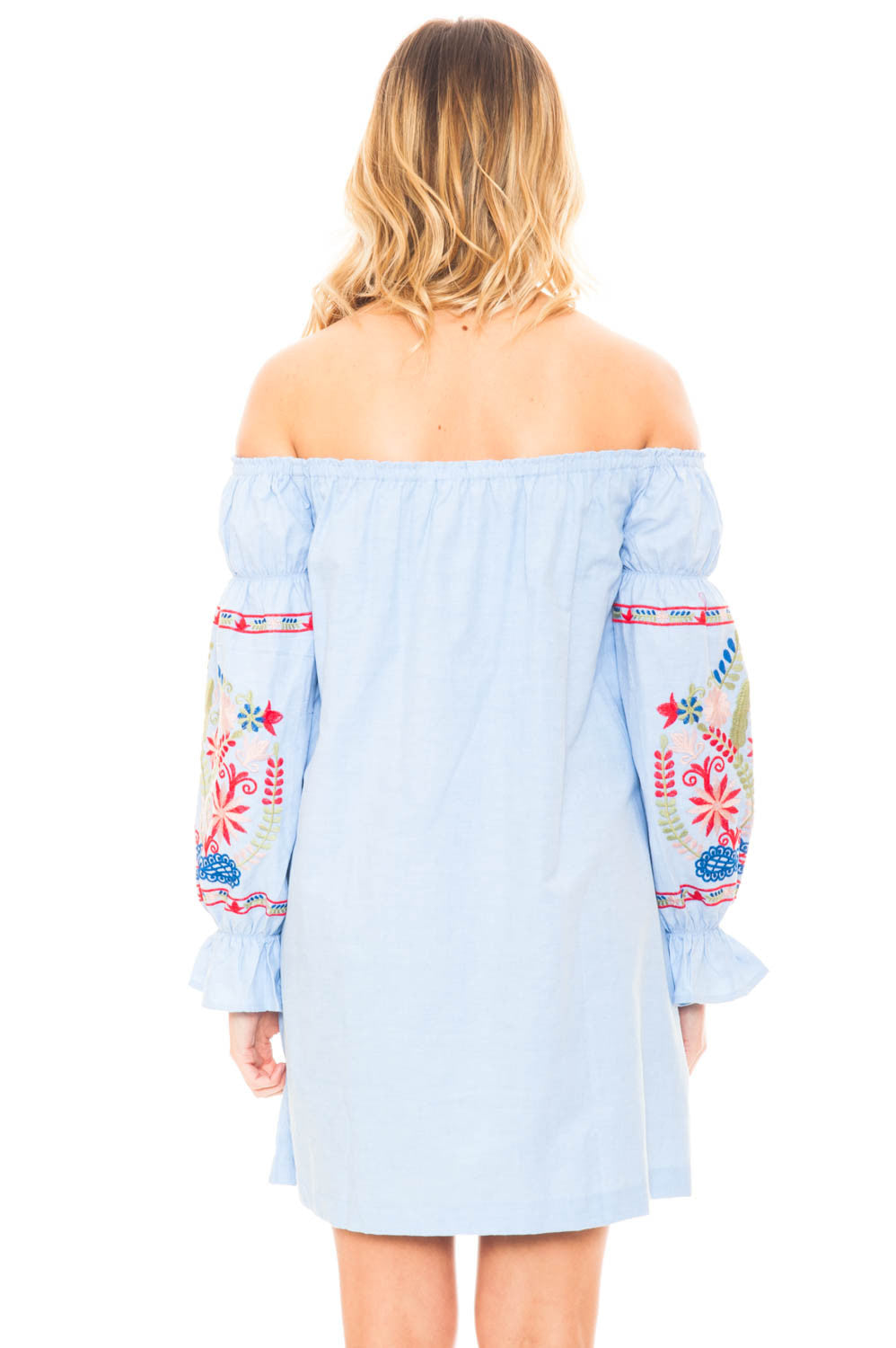 Dress - Off Shoulder Embroidered Dress with a Puffed Sleeve