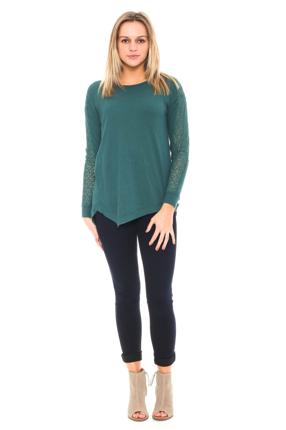 Blouse - Waffle Knit Top with Lace Arm Detail By Democracy