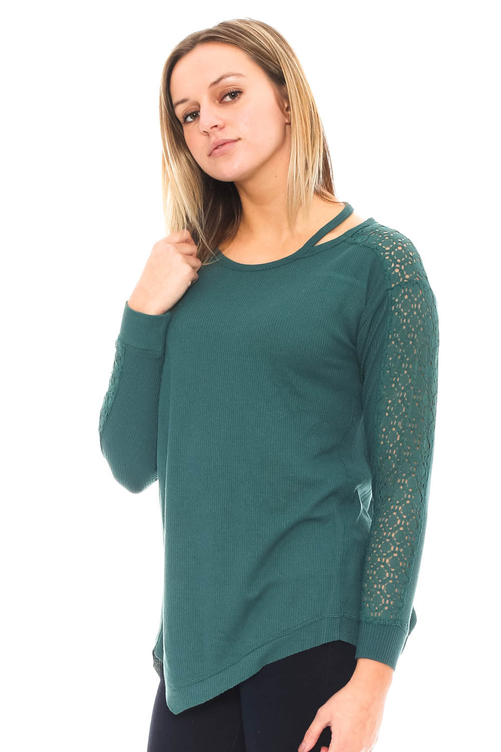 Blouse - Waffle Knit Top with Lace Arm Detail By Democracy