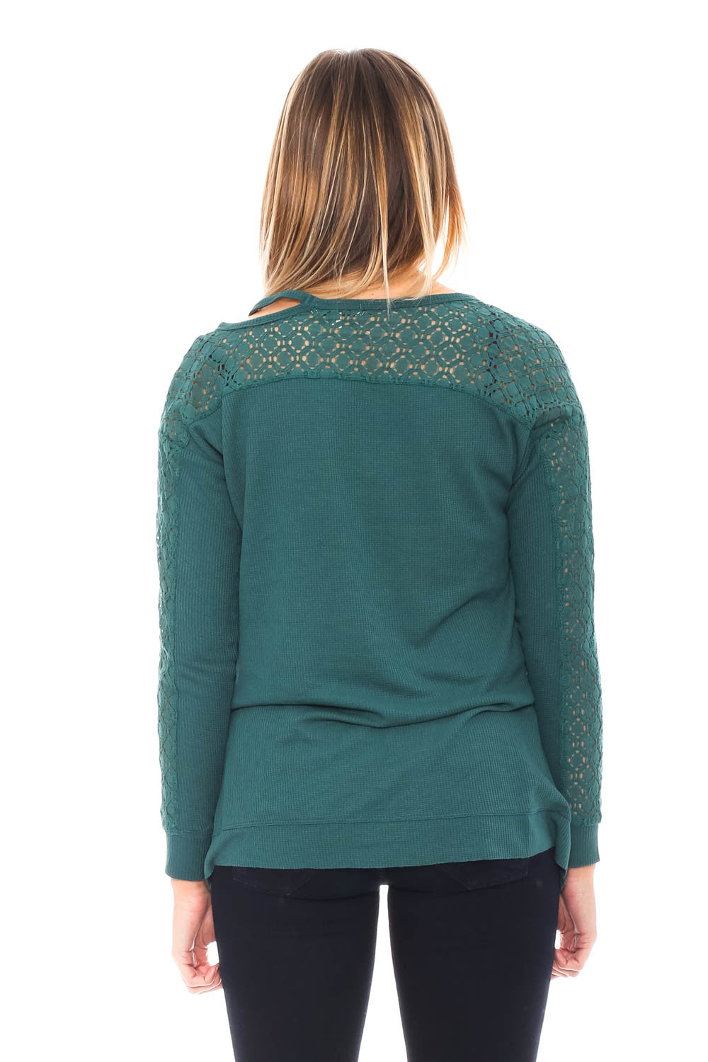 Blouse - Waffle Knit Top with Lace Arm Detail By Democracy