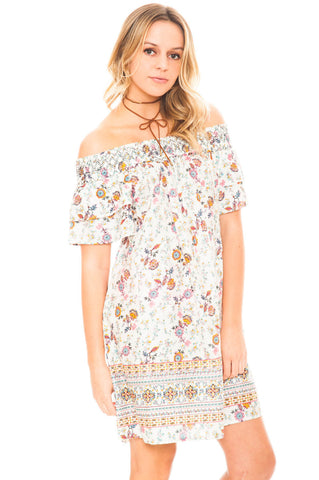 Dress - Off Shoulder Printed Dress with a Ruffled Sleeve by En Creme