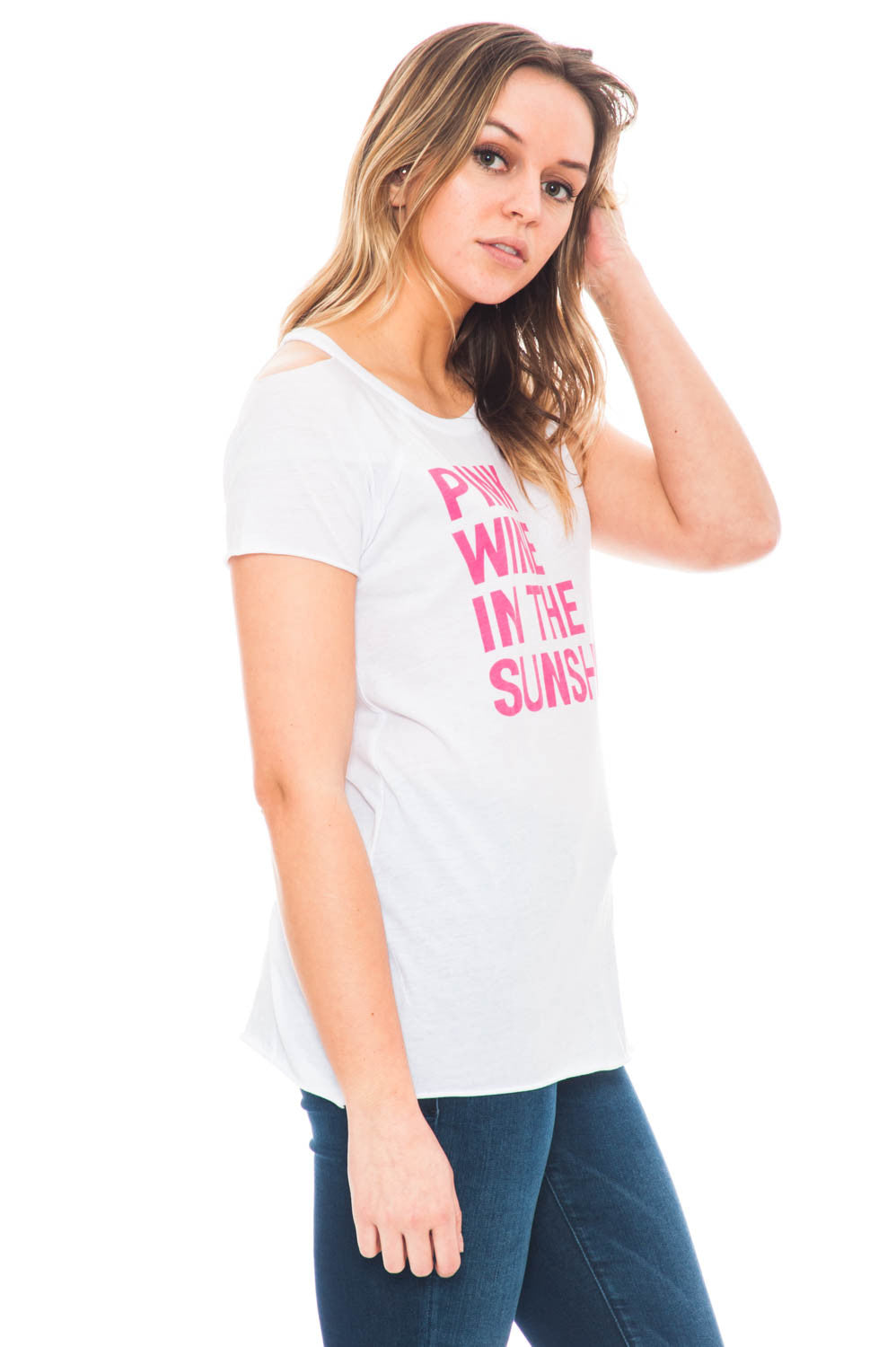 Tee - Pink Wine in the Sunshine Peep Shoulder Top by Chaser