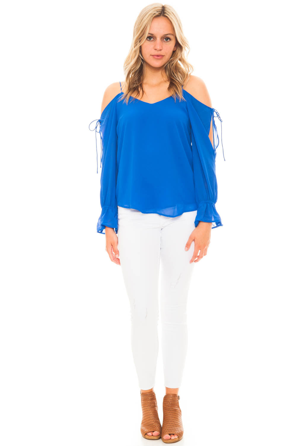 Blouse - Cold Shoulder Top with Lace Up Sleeves