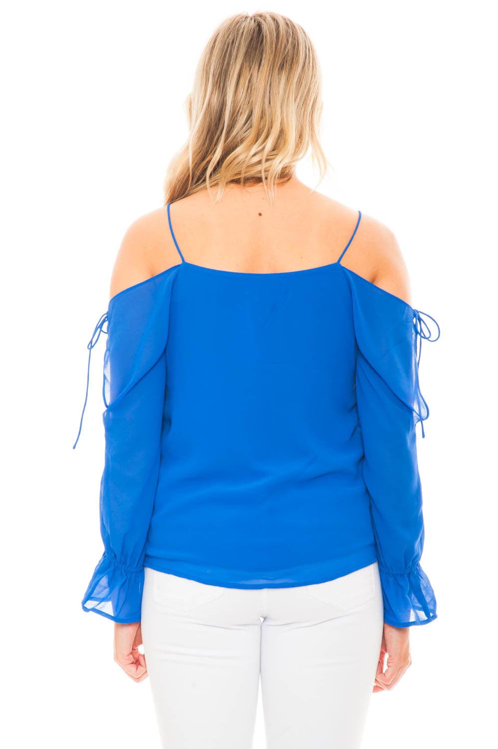 Blouse - Cold Shoulder Top with Lace Up Sleeves