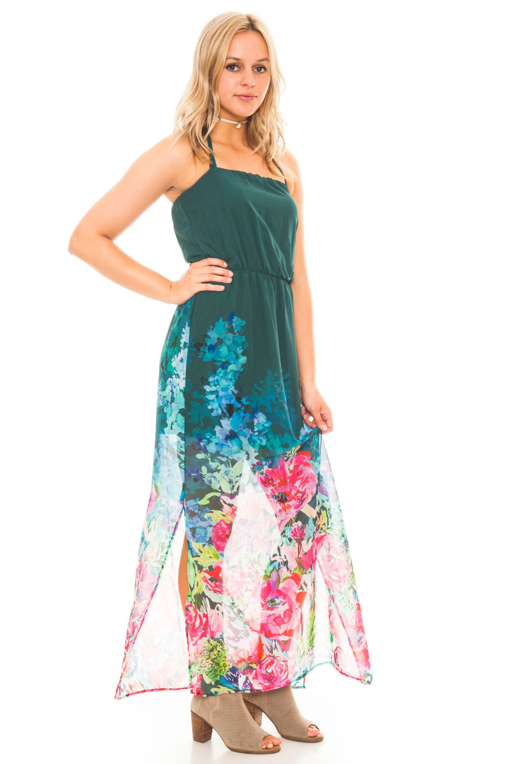Dress - Halter Maxi Dress with Side Slits