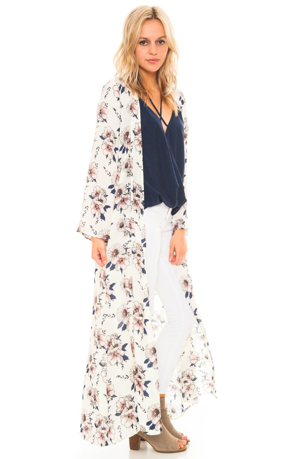 Kimono - Flower Print Floor Length Kimono