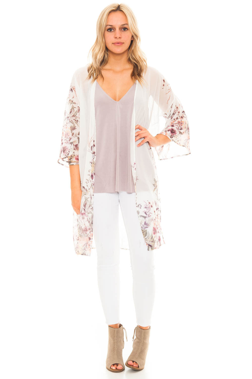 Kimono - 3/4 Sleeve Flowy Sheer Floral Kimono