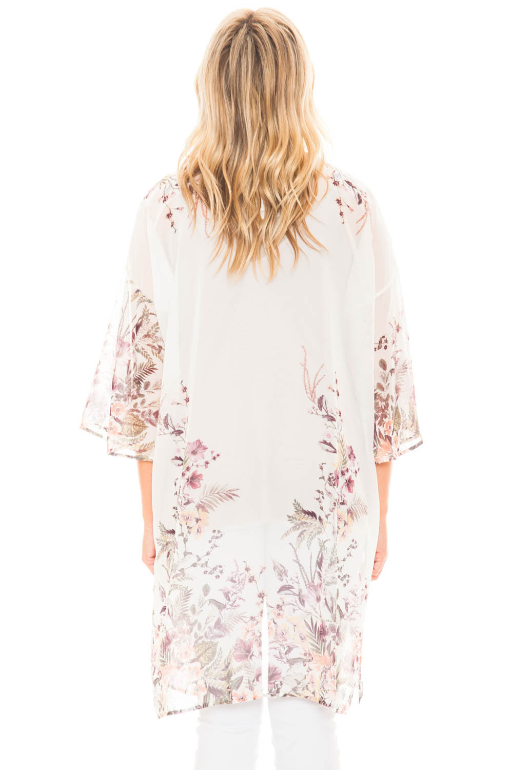 Kimono - 3/4 Sleeve Flowy Sheer Floral Kimono