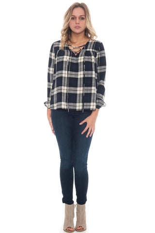 Blouse - Plaid Lace Up Front Top By Everly