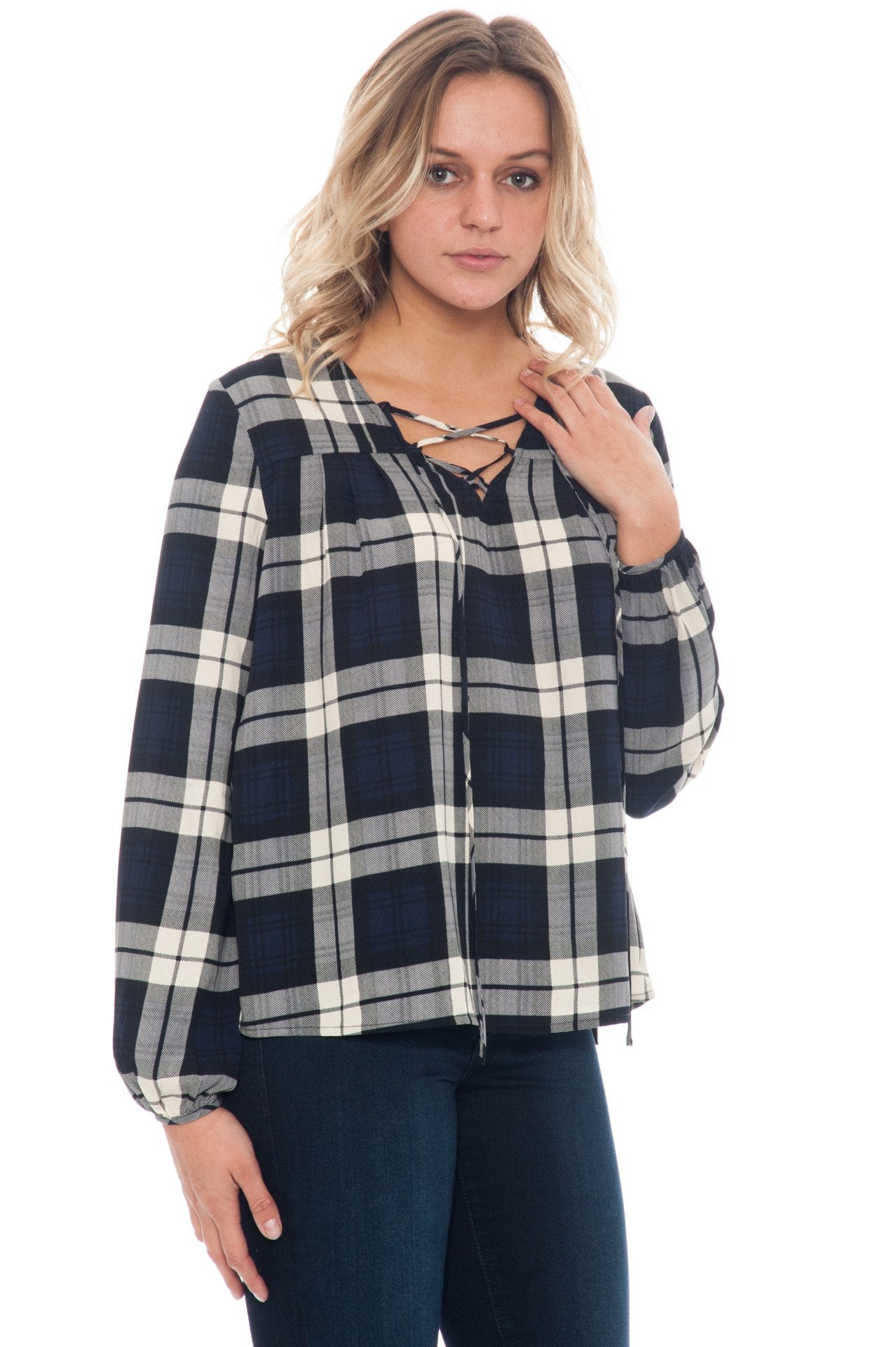 Blouse - Plaid Lace Up Front Top By Everly