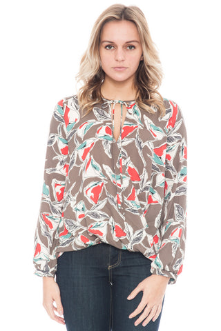 Blouse - Overlap Front Printed Top with Neck Tie By Lush