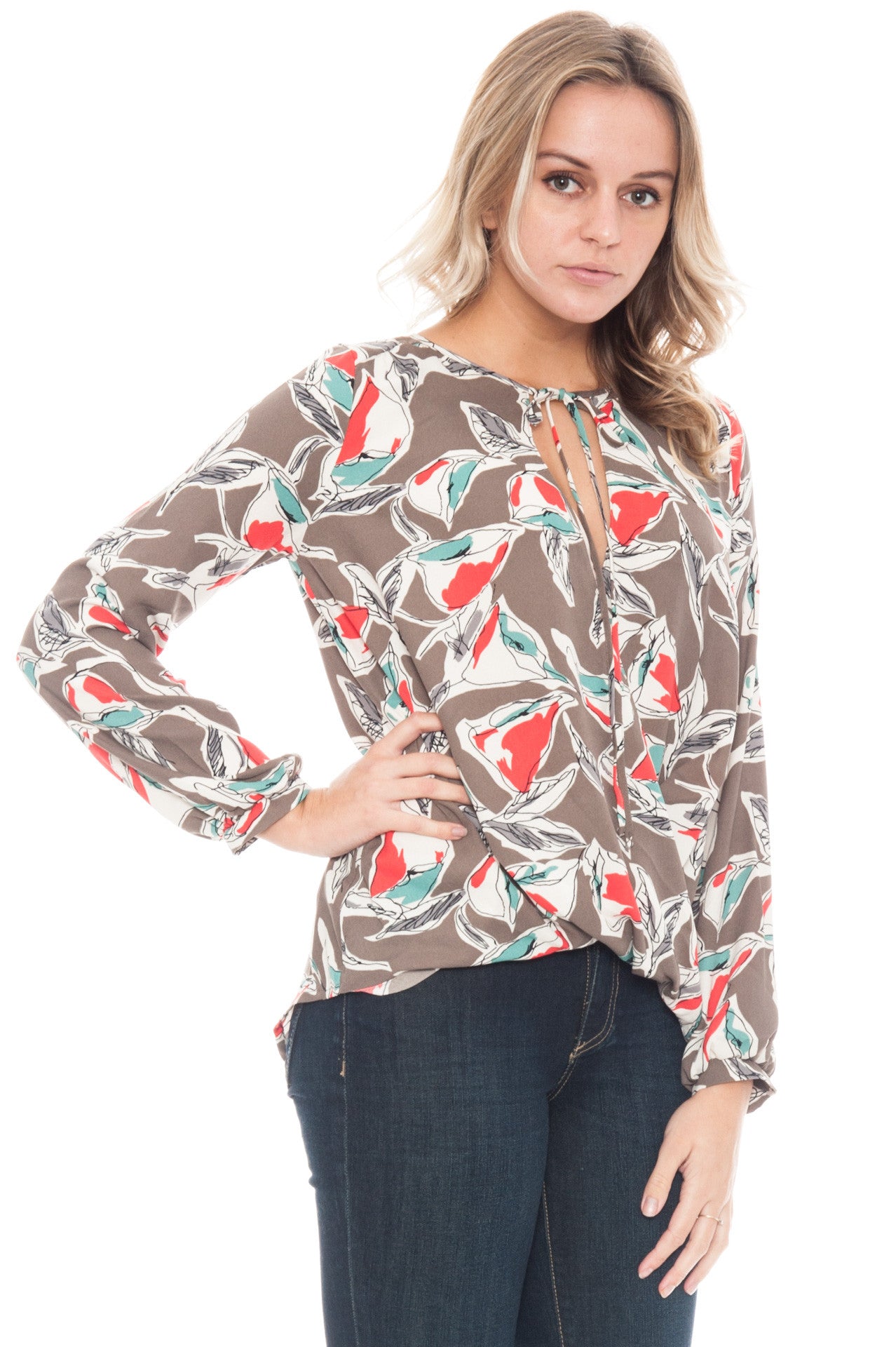 Blouse - Overlap Front Printed Top with Neck Tie By Lush