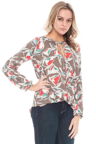 Blouse - Overlap Front Printed Top with Neck Tie By Lush