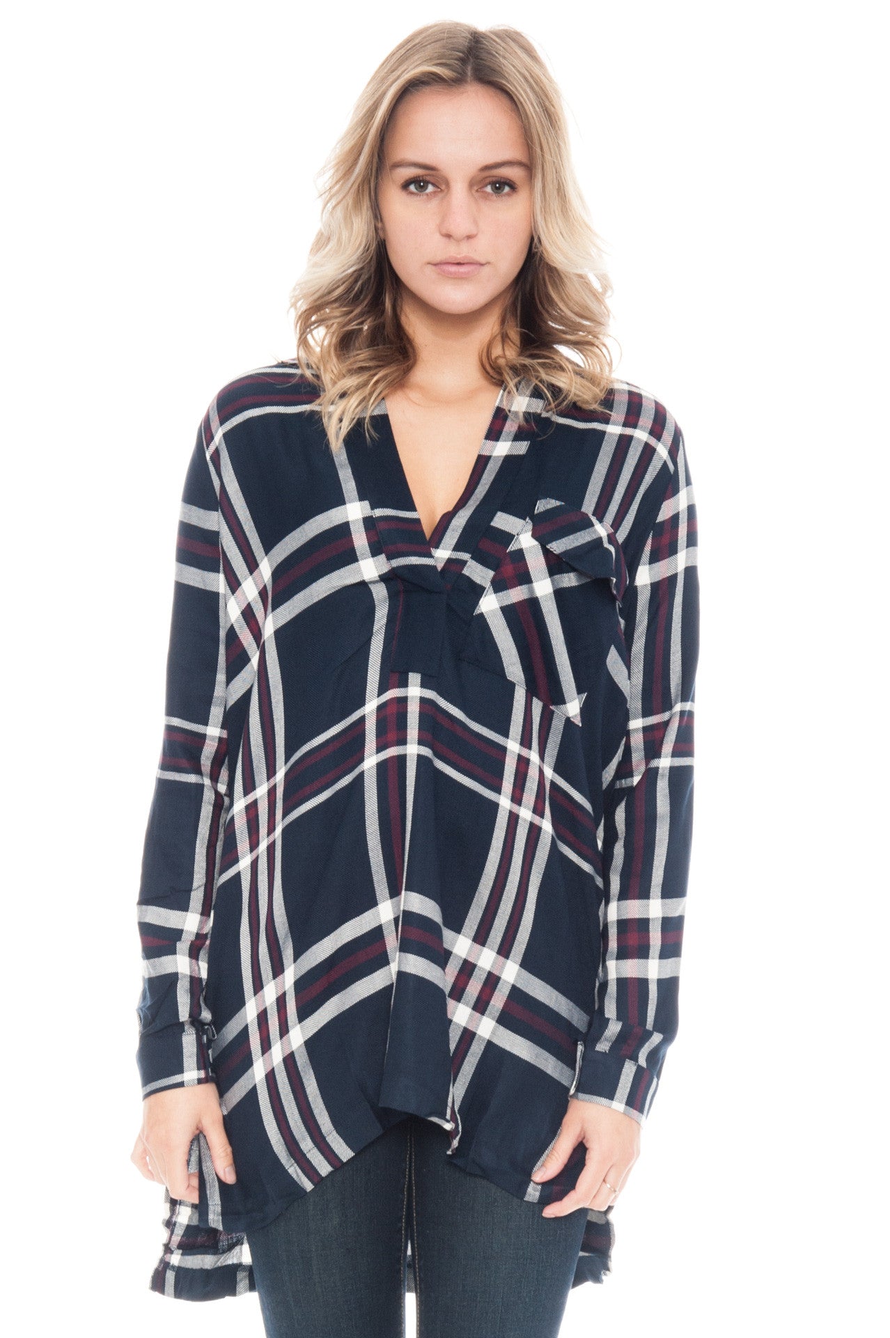 Blouse - Oversized V-neck Plaid Tunic by Lush