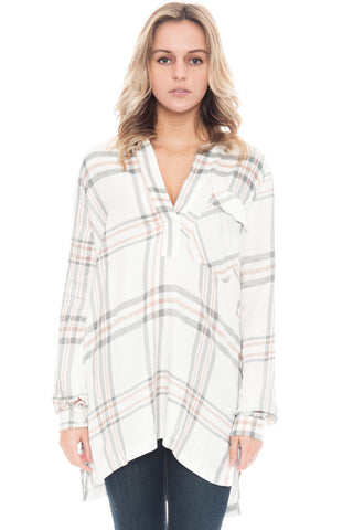 Blouse - Oversized V-neck Plaid Tunic by Lush