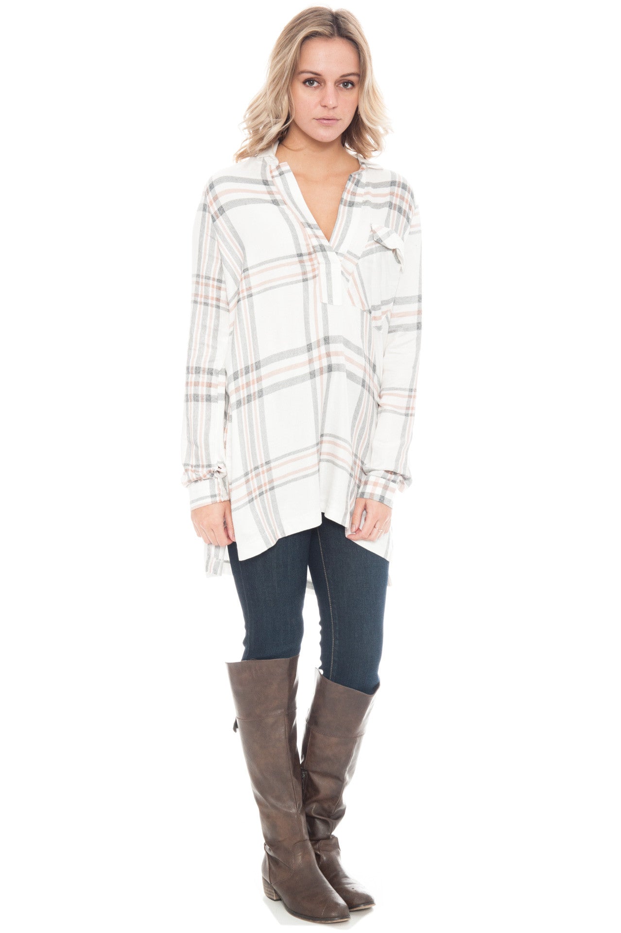 Blouse - Oversized V-neck Plaid Tunic by Lush