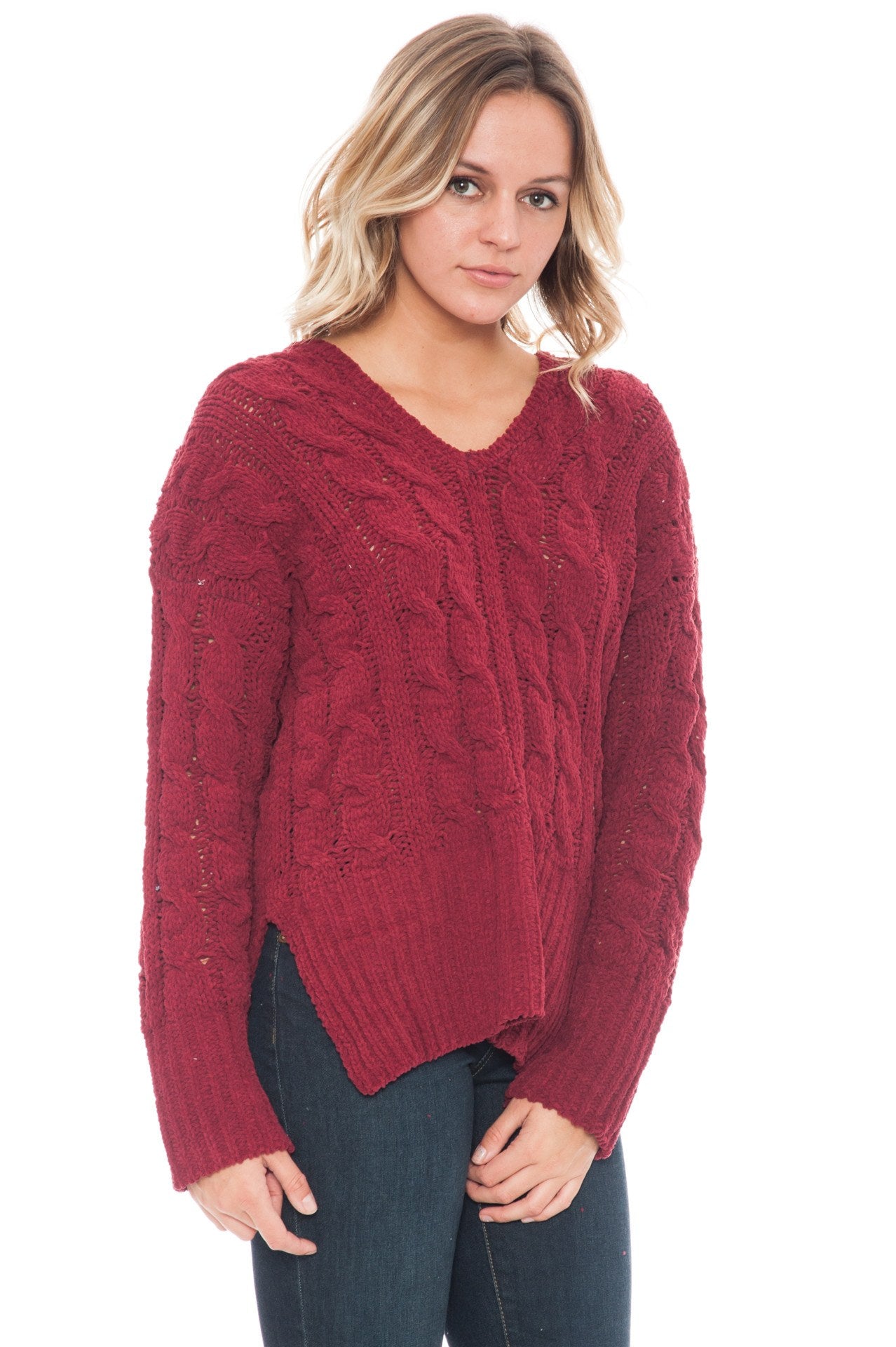 Sweater - Side Slit Cable Knit Top by Paper Crane
