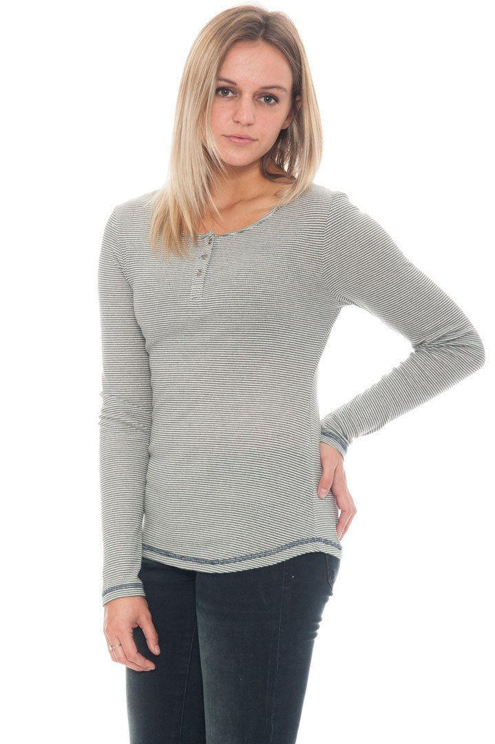 Shirt - Long Sleeve Striped Henley with Lace Detail