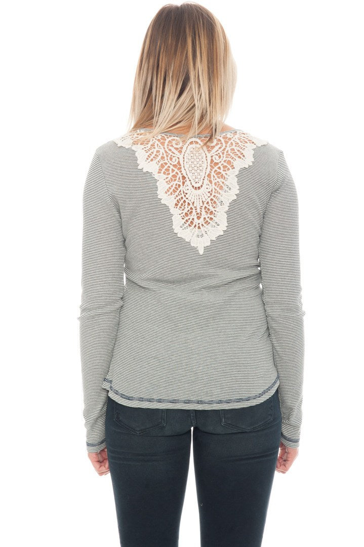 Shirt - Long Sleeve Striped Henley with Lace Detail